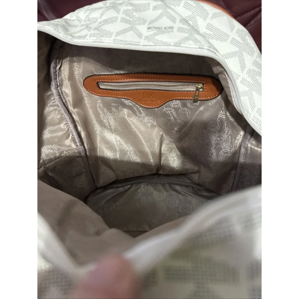 Michael Kors Logo Beige Brown Backpack Zipper Accent Inner Outer Pockets‎ Women